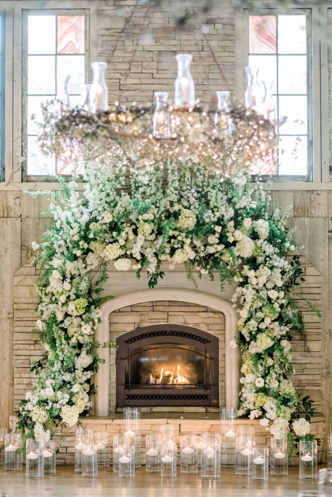 White flower wrap fireplace wedding ceremony alter at Union Hill Inn, Sonora, CA