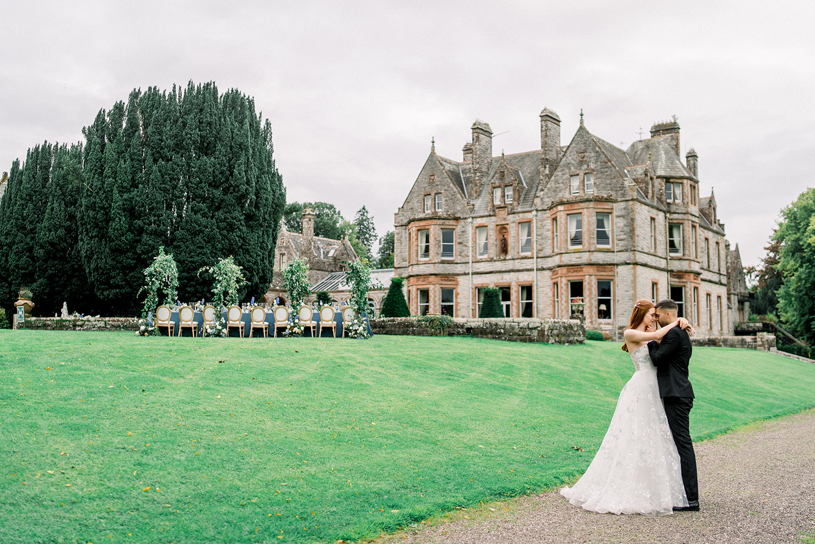 Newlyweds walking together at Castle Leslie, embodying the journey of a destination wedding in the Irish countryside.