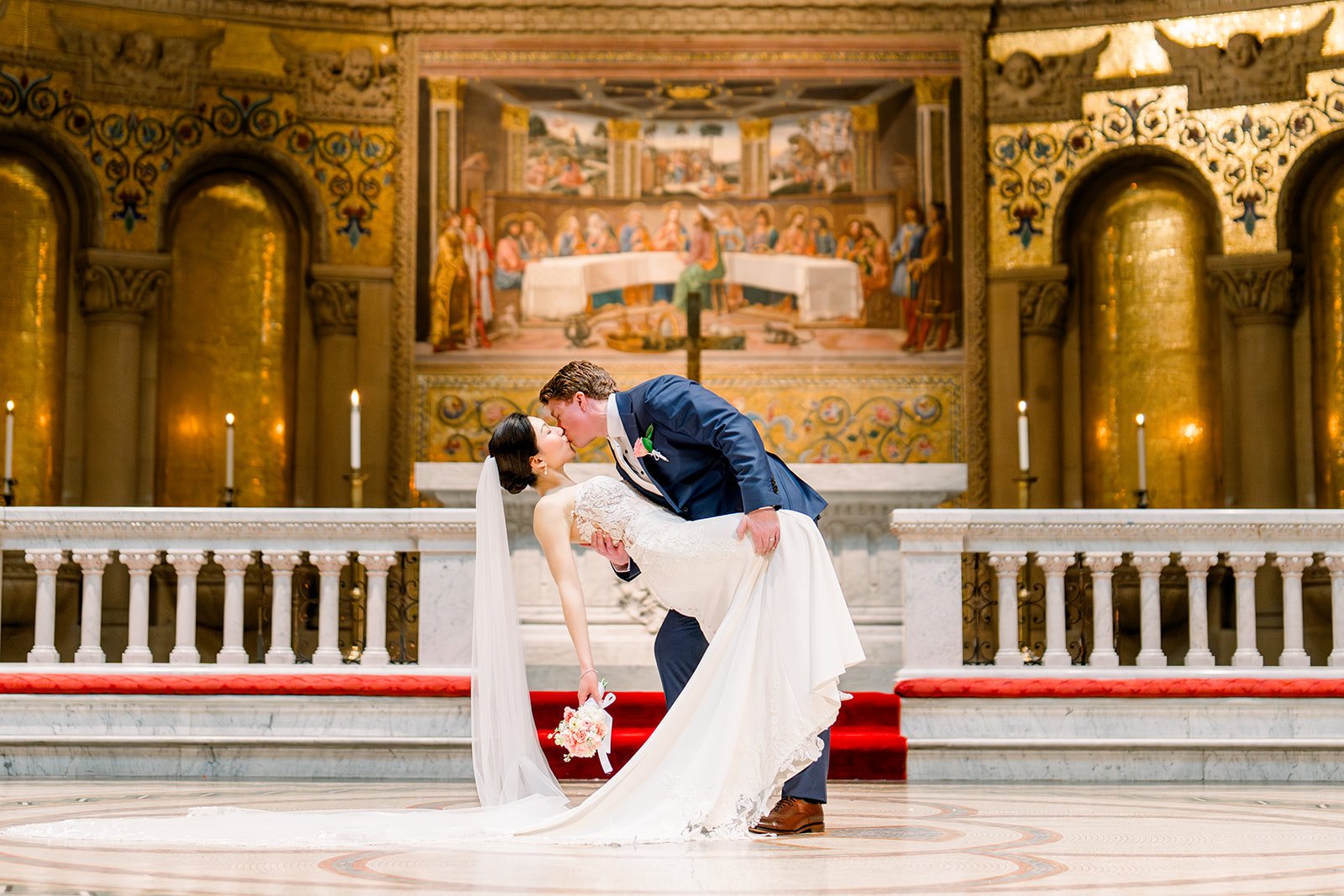 Bride and groom at the altar during their Stanford Memorial Church wedding ceremony