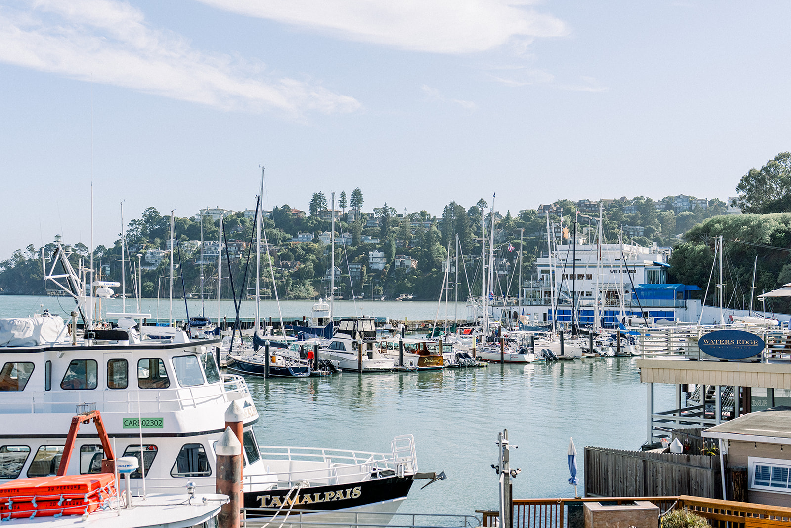 Golden hour over the Tiburon marina during a wedding welcome dinner at Malibu Farm